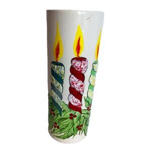 Vintage Mid Century Ceramic Christmas Vase Hurricane Candles Holly READ
